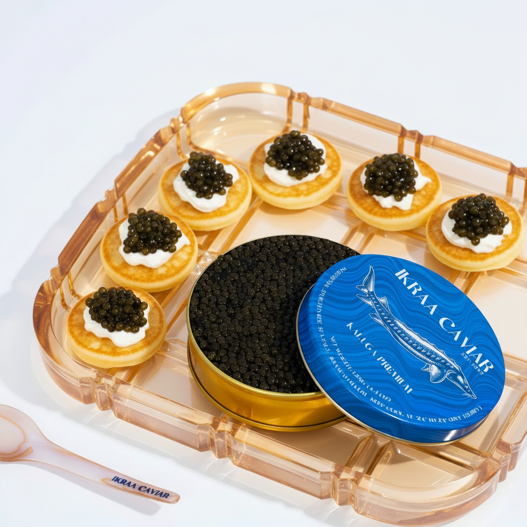 French mini blinis topped with caviar and crème fraîche arranged on a gold crystal tray alongside an open IKRAA Caviar blue tin