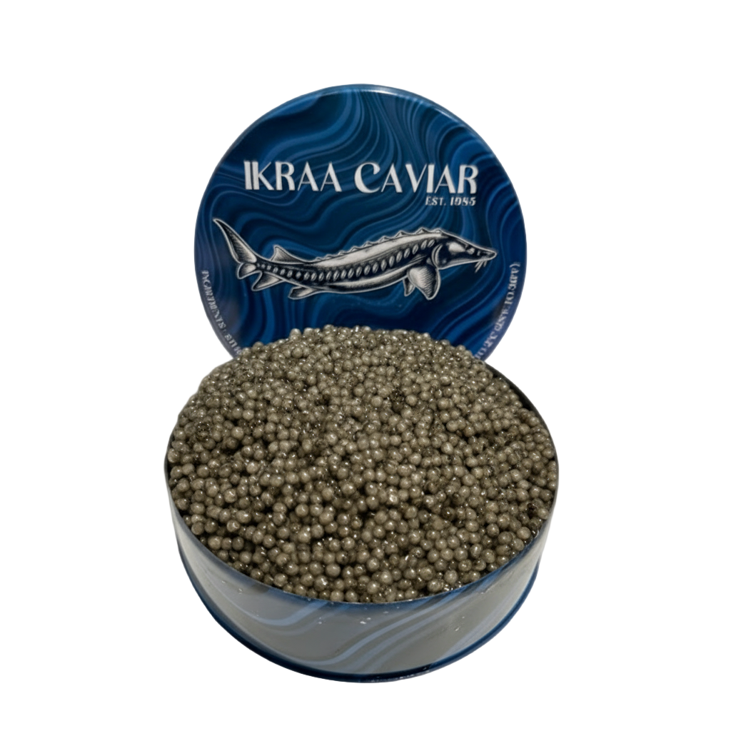 A tin of Beluga Hybrid Caviar with visible caviar pearls in front, and the brand and product name displayed on the lid.