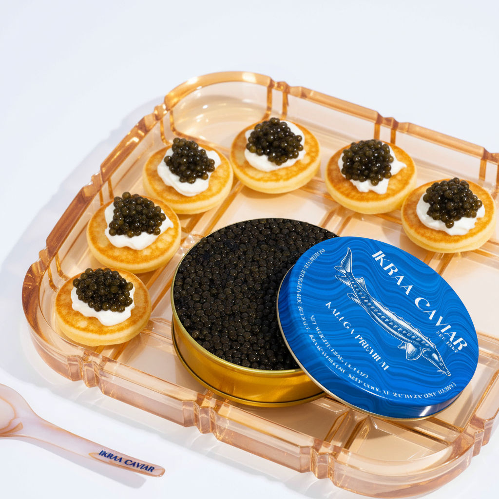 French Mini Blinis on tray with IKRAA tin