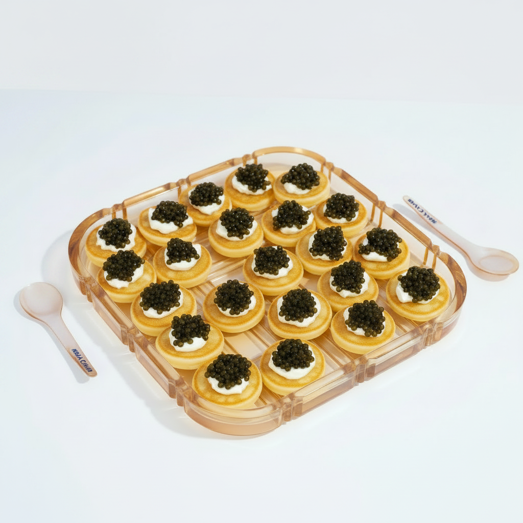 Large tray of French mini blinis square